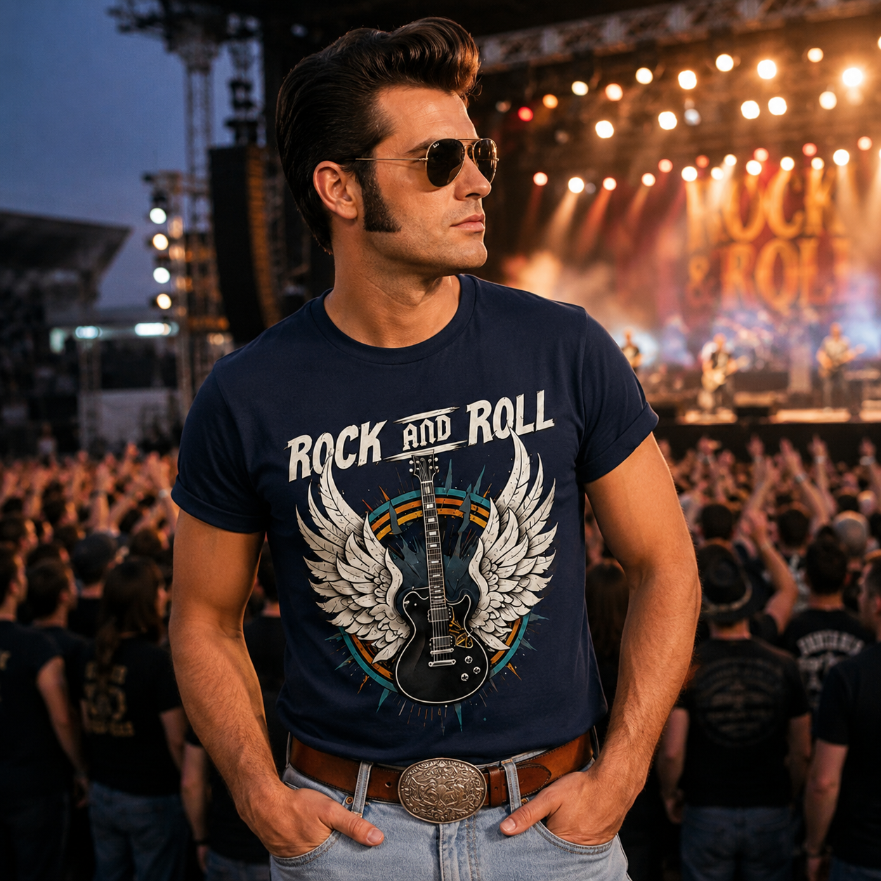 Camiseta Rockin8 'Rock & Roll' Guitarra alada Azul