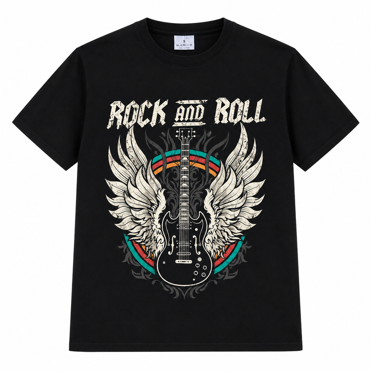Camiseta Rockin10 'Rock & Roll' Guitarra alada Negra