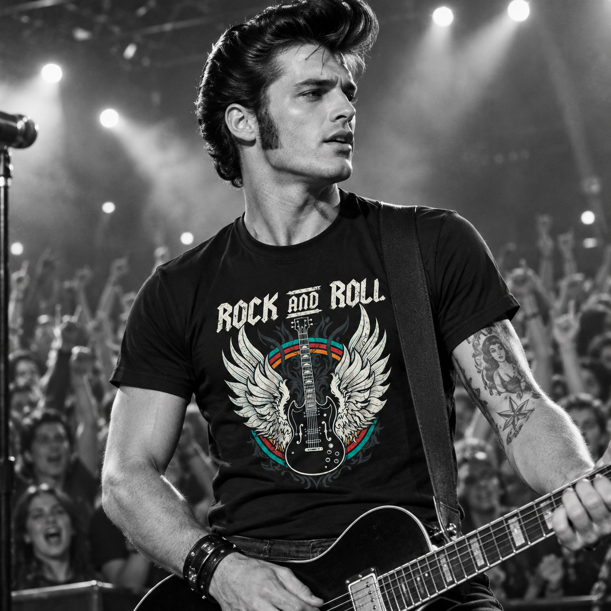 Camiseta Rockin10 'Rock & Roll' Guitarra alada Negra