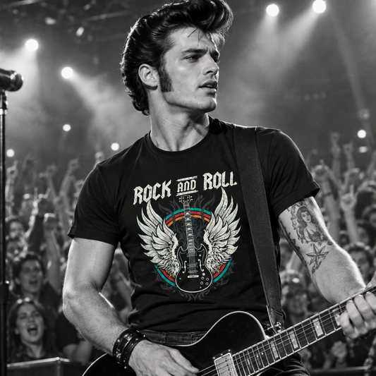 Camiseta Rockin10 'Rock & Roll' Guitarra alada Negra