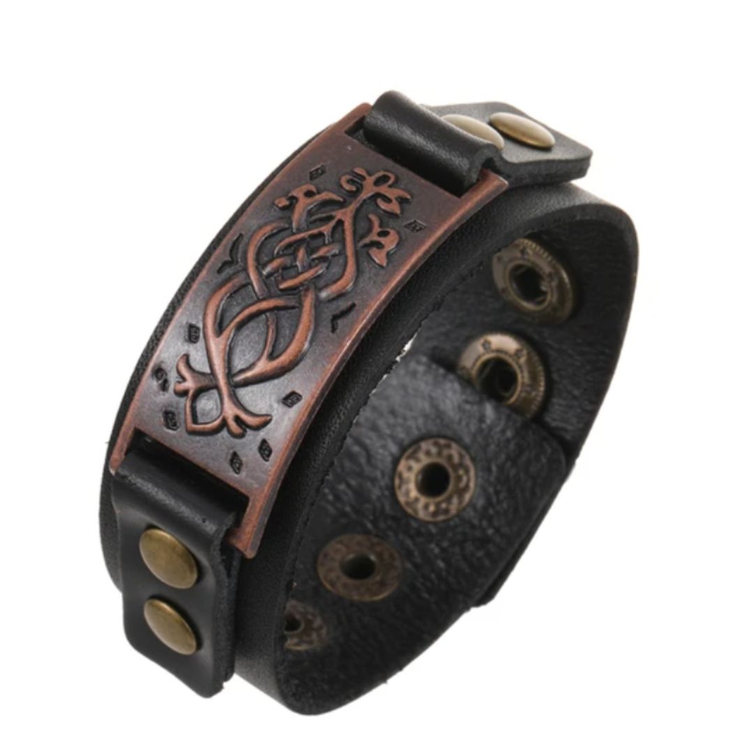 Pulsera Rockin2 Cuero black motivo tribal cobre